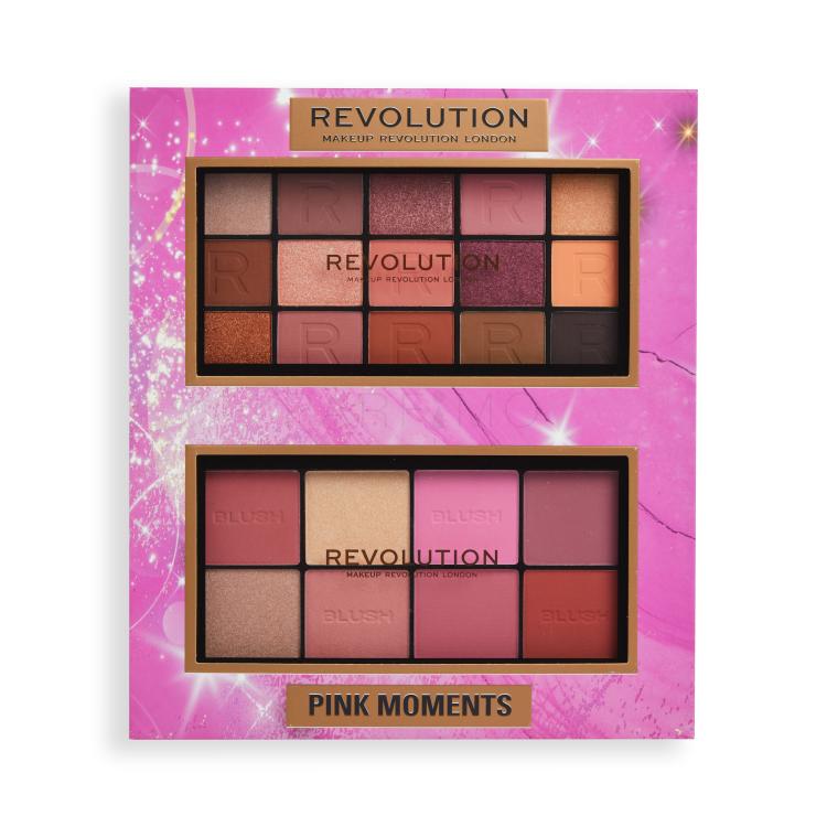 Makeup Revolution London Pink Moments Face &amp; Eye Gift Set Ajándékcsomagok Blush Palette pirosító és highlighter paletta 16 g Lover + Reloaded Eyeshadows Palette szemhéjfesték paletta 16,5 g Romance