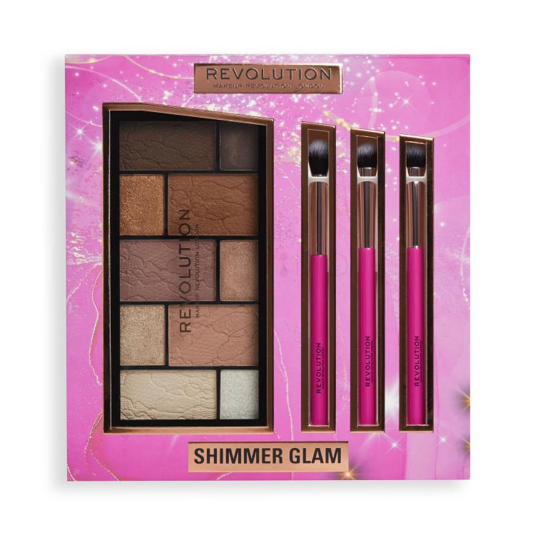 Makeup Revolution London Shimmer Glam Eye Gift Set Ajándékcsomagok Reloaded Dimension Eyeshadow Palette szemhéjfesték paletta 27 g Neutral Charm+ sminkecset szemhéjfestékhez 3 db