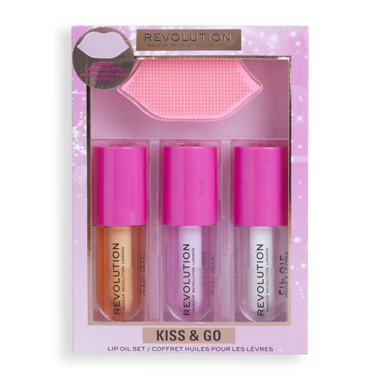 Makeup Revolution London Kiss &amp; Go Lip Oil Set Ajándékcsomagok Lip Oil Honey ajakolaj 4,5 ml+ Lip Oil Peach Pink ajakolaj 4,5 ml+ Lip Oil Watermelon ajakolaj 4,5 ml + ajakradírozó kefe 1 db