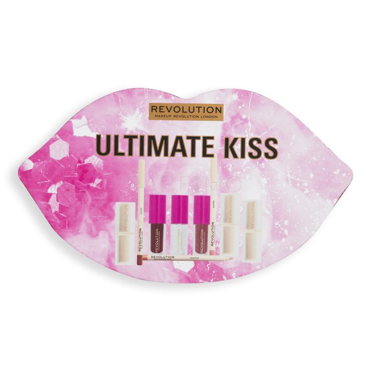 Makeup Revolution London Ultimate Kiss Gift Set Ajándékcsomagok Lip Allure rúzs 3,2 g Chauffeur + Lip Allure rúzs 3,2 g Lover + Lip Allure 3,2 g Queen rúzs + Satin Kiss szájkontúrceruza 1 g Chauffeur + Satin Kiss szájkontúrceruza 1 g Lover + Satin Kiss szájkontúrceruza 1 g Queen + Pout Bomb szájfény