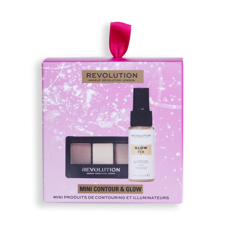 Makeup Revolution London Mini Contour &amp; Glow Gift Set Ajándékcsomagok Glow Fix sminkfixáló spray 30 ml+ Contour Palette kontúrozó paletta 3,15 g