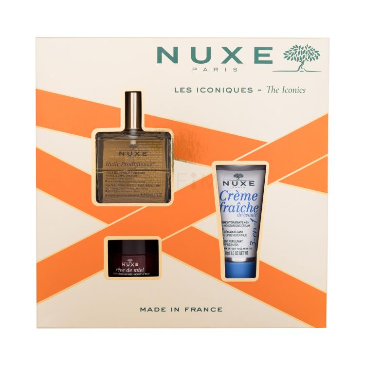 NUXE The Iconics Ajándékcsomagok Huile Prodigieuse szárazolaj 50 ml + Créme Fraiche de Beauté 3-In-1 arckrém 30 ml + Reve de Miel Honey ajakbalzsam 15 g