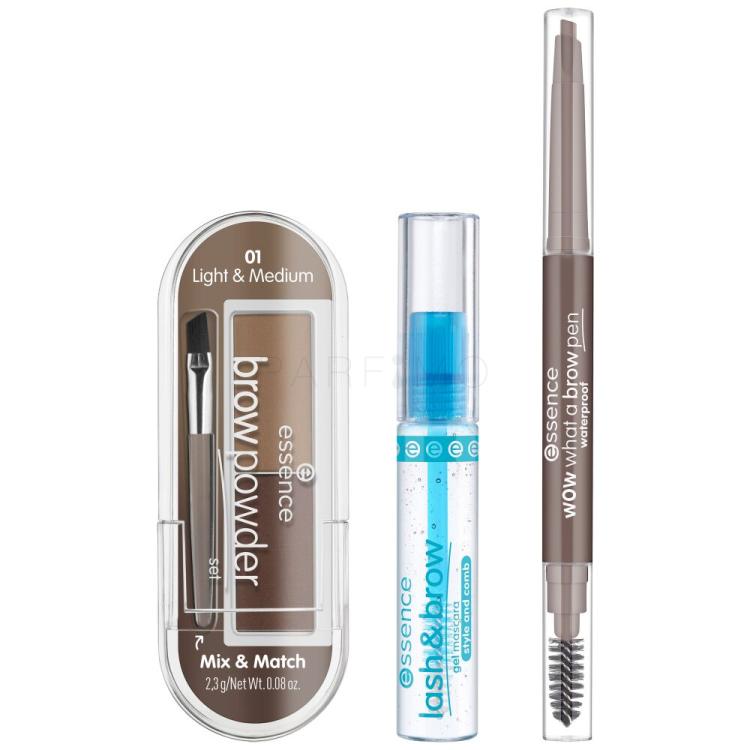 Essence Easy &amp; Wow Brow Set Ajándékcsomagok What A Brow Pen Waterproof szemöldökceruza 0,2 g 01 Light Brown + Lash &amp; Brow Gel Mascara géles szemöldökspirál 9 ml + Brow Powder szemöldökpúder 2,3 g 01 Light &amp; Medium