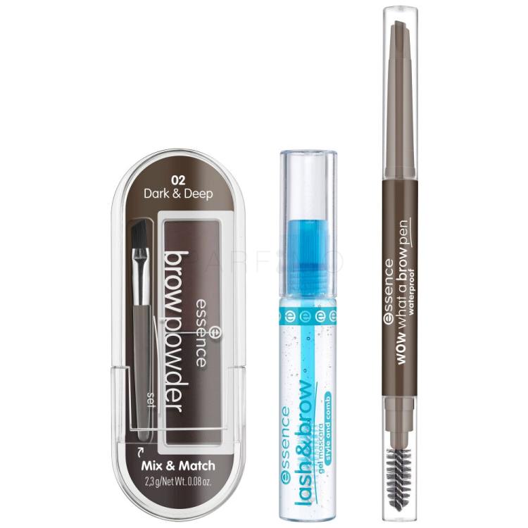 Essence Easy &amp; Wow Brow Set Ajándékcsomagok What A Brow Pen Waterproof szemöldökceruza 0,2 g 03 Dark Brown + Lash &amp; Brow Gel Mascara géles szemöldökspirál 9 ml + Brow Powder szemöldökpúder 2,3 g 02 Dark &amp; Deep