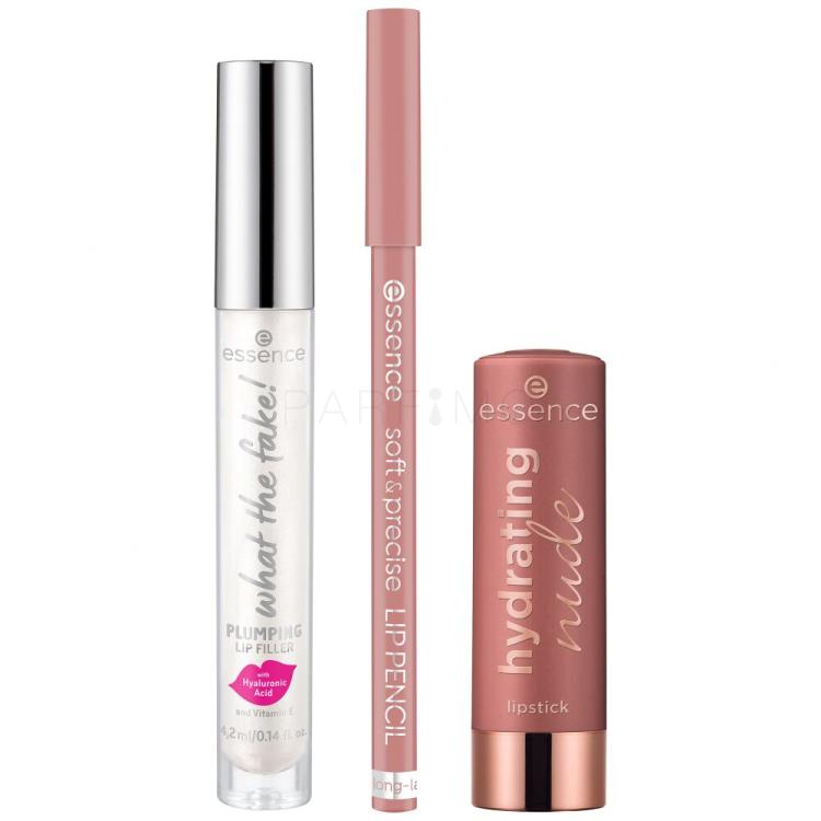 Essence The Nude Lip Set Ajándékcsomagok Hydrating Nude Lipstick rúzs 3,5 g 302 Heavenly + Soft &amp; Precise Lip Pencil szájceruza 0,78 g 302 Heavenly + What The Fake! Plumping Lip Filler szájfény 4,2 ml 01 Oh My Plump!