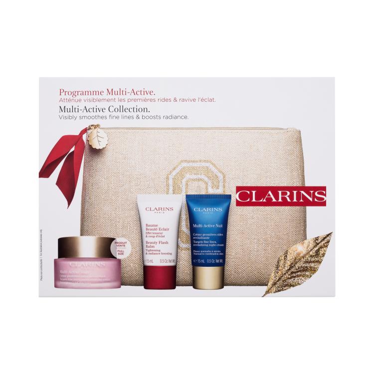 Clarins Multi-Active Collection Ajándékcsomagok Multi-Active Day nappali arckrém 50 ml + Multi-Active Night éjszakai arckrém 15 ml + Beauty Flash Balm arcbalzsam 15 ml + környezetbarát kozmetikai táska