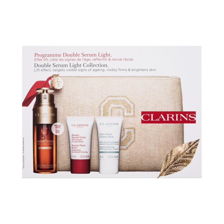 Clarins Double Serum Light Collection Ajándékcsomagok Double Serum Light Texture arcszérum 50 ml + Beauty Flash Balm arcbalzsam 15 ml + Cryo-Flash Cream-Mask krémes arcpakolás 15 ml + környezetbarát kozmetikai táska