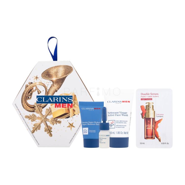 Clarins Men Essentials Ajándékcsomagok Men Active Face Wash arclemosó gél 30 ml + Men Super Moisture Balm arcbalzsam 12 ml + Men Shave And Beard Oil borotválkozási olaj 3 ml + Double Serum Light Texture arcszérum 0,9 ml