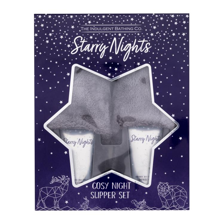 The Indulgent Bathing Co. Starry Nights Cosy Night Slipper Set Ajándékcsomagok Lavender And Lime Flower Body Lotion testápoló tej 100 ml + Lavender And Lime Flower Shower Cream krémtusfürdő 100 ml + Luxury Fluffy Slippers M/L plüsspapucs 1 pár sérült doboz