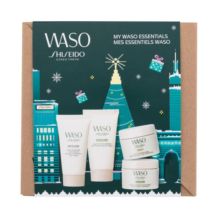 Shiseido Waso My Waso Essentials Ajándékcsomagok Shikulime Gel-To-Oil Cleanser arclemosó gél 30 ml + Shikulime Mega Hydrating Moisturizer hidratálókrém 15 ml + Satocane Pore Purifyting Scrub Mask hámlasztó maszk 30 ml + Yuzu-C Beauty Sleeping Mask éjszakai arcmaszk 15 ml