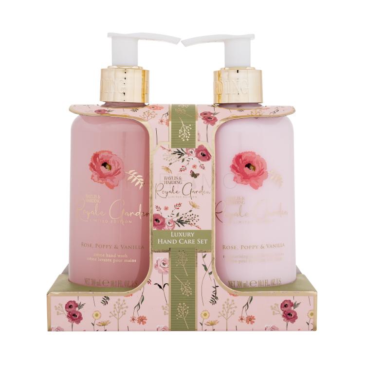 Baylis &amp; Harding Royale Garden Luxury Hand Care Set Ajándékcsomagok Royale Garden Rose, Poppy &amp; Vanilla testápoló tej 300 ml + Royale Garden Rose, Poppy &amp; Vanilla szappan kézre 300 ml sérült csomagolás