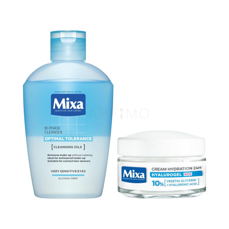 Szett Sminklemosó szemre Mixa Optimal Tolerance Bi-phase Cleanser + Nappali arckrém Mixa Hyalurogel Rich