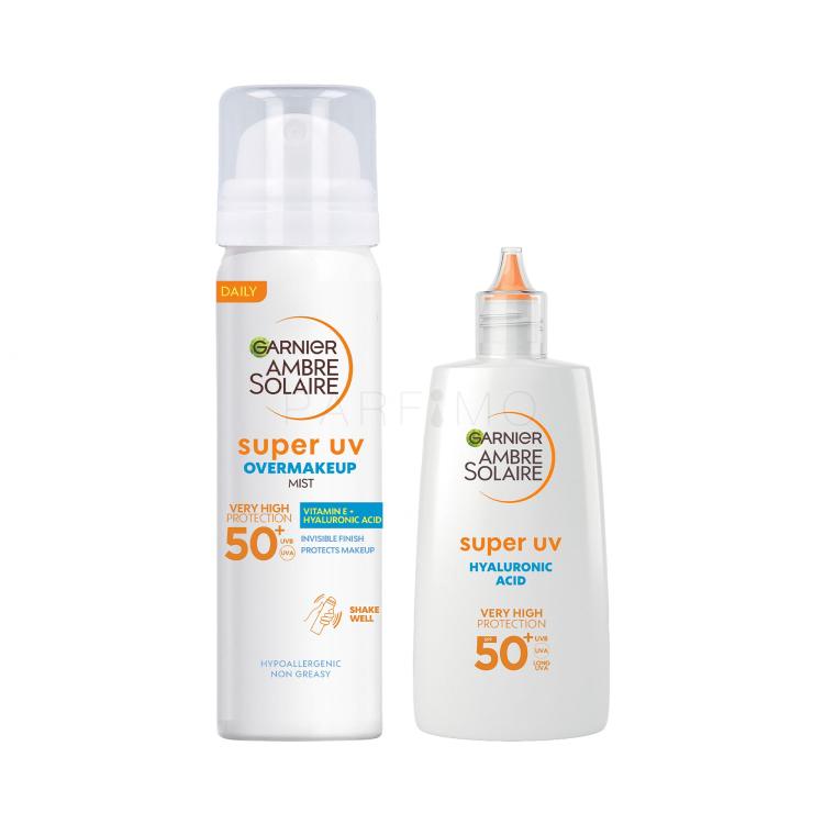 Szett Fényvédő készítmény arcra Garnier Ambre Solaire Super UV Hyaluronic Acid SPF50+ + Fényvédő készítmény arcra Garnier Ambre Solaire Super UV Over Makeup Protection Mist SPF50