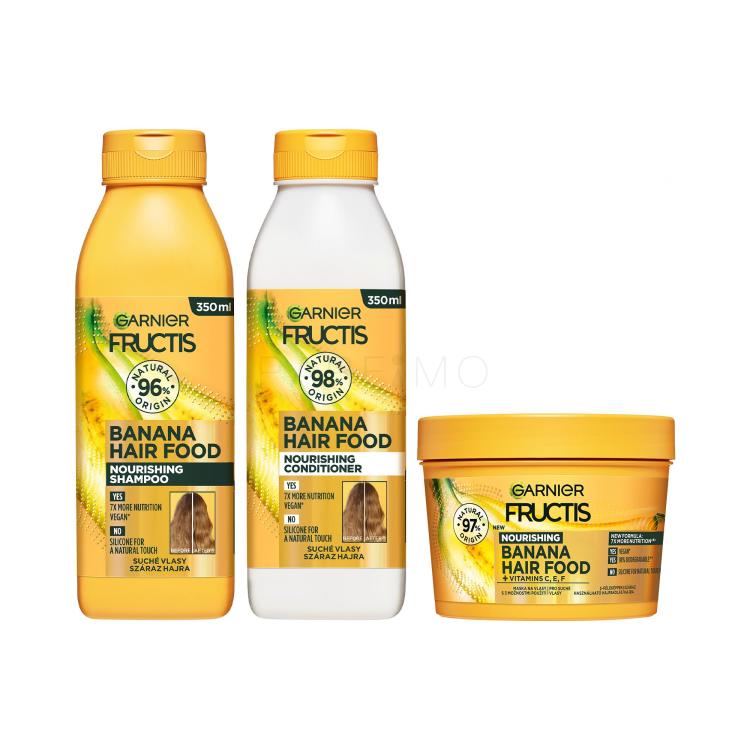 Szett Sampon Garnier Fructis Hair Food Banana Nourishing Shampoo + Hajkondicionáló Garnier Fructis Hair Food Banana Nourishing Conditioner + Hajpakolás Garnier Fructis Hair Food Banana Nourishing Mask