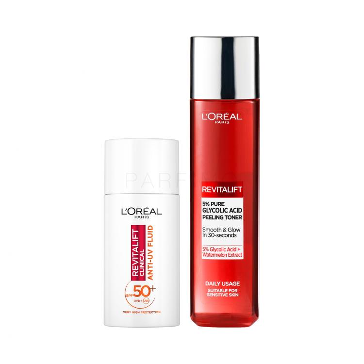 Szett Nappali arckrém L&#039;Oréal Paris Revitalift Clinical Anti-UV Fluid SPF50+ + Arcpermet L&#039;Oréal Paris Revitalift 5% Pure Glycolic Acid Peeling Toner