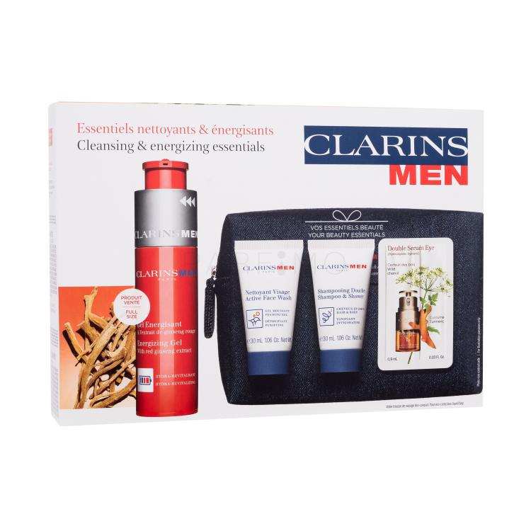 Clarins Men Energizing Gel Ajándékcsomagok Energizing Gel arcgél 50 ml + Active Face Wash arclemosó gél 30 ml + Shampoo &amp; Shower sampon és tusfürdő 30 ml + Double Serum Eye szemkörnyékápoló szérum 0,9 ml + kozmetikai táska