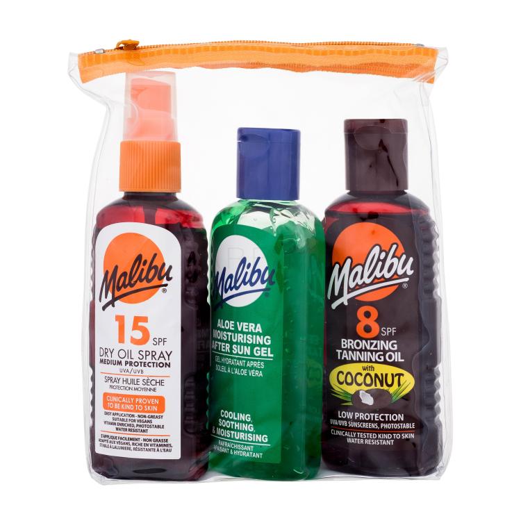 Malibu Dry Oil Spray SPF15 Ajándékcsomagok napolaj SPF15 100 ml + bronzosító napolaj SPF8 100 ml + Aloe verás napozógél 100 ml