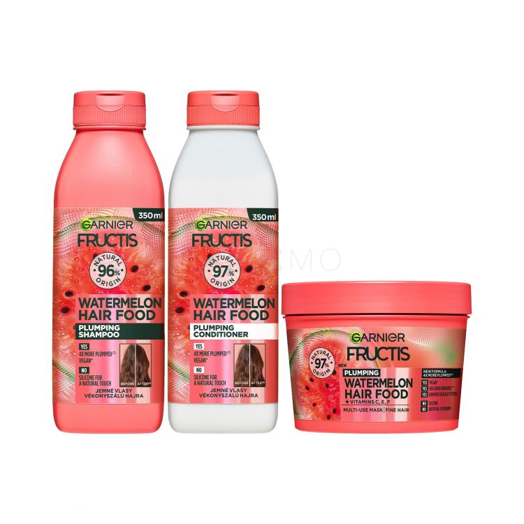 Szett Sampon Garnier Fructis Hair Food Watermelon Plumping Shampoo + Hajkondicionáló Garnier Fructis Hair Food Watermelon Plumping Conditioner + Hajpakolás Garnier Fructis Hair Food Watermelon Plumping Mask