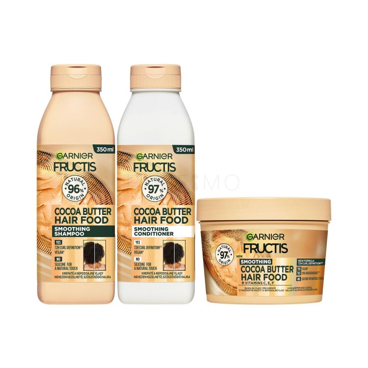 Szett Sampon Garnier Fructis Hair Food Cocoa Butter Smoothing Shampoo + Hajkondicionáló Garnier Fructis Hair Food Cocoa Butter Smoothing Conditioner + Hajpakolás Garnier Fructis Hair Food Cocoa Butter Extra Smoothing Mask