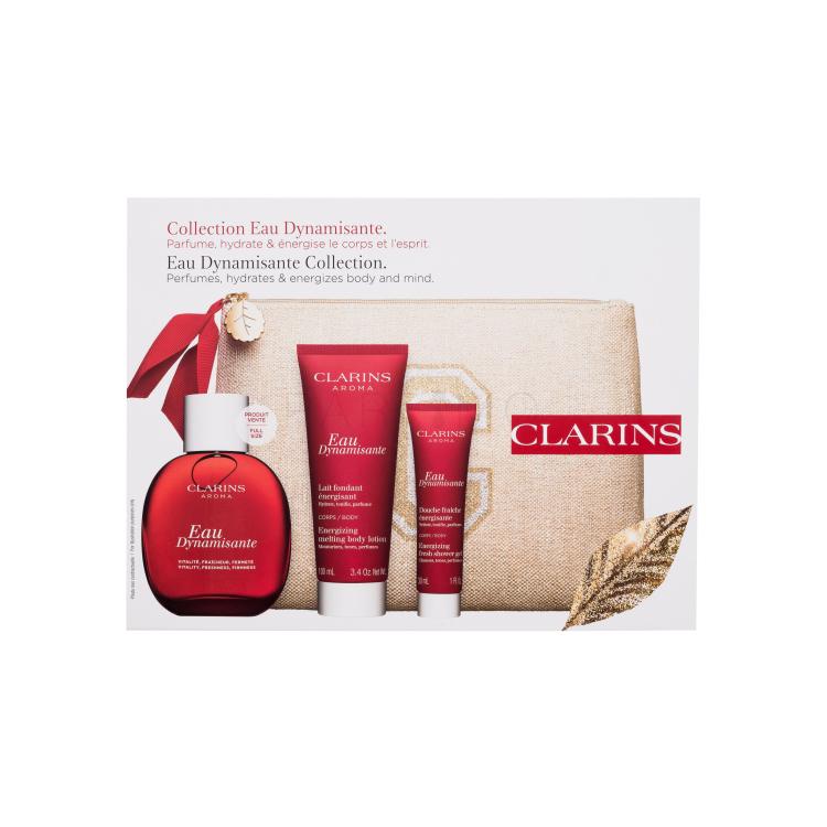 Clarins Aroma Eau Dynamisante Ajándékcsomagok frissítő testpermet 100 ml + testápoló tej 100 ml + tusfürdő 30 ml + kozmetikai táska