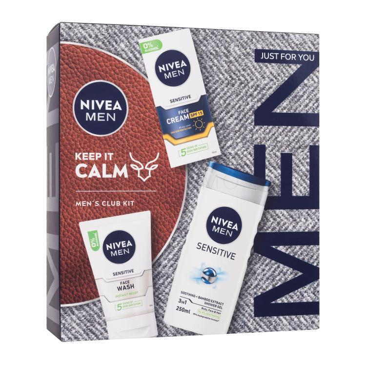 Nivea Men Sensitive Keep It Calm Ajándékcsomagok Men Sensitive Face Cream SPF15 nappali arckrém 75 ml + Men Sensitive Face Wash arclemosó gél 100 ml + Men Sensitive Soothing Bamboo Extract Shower Gel tusfürdő 250 ml