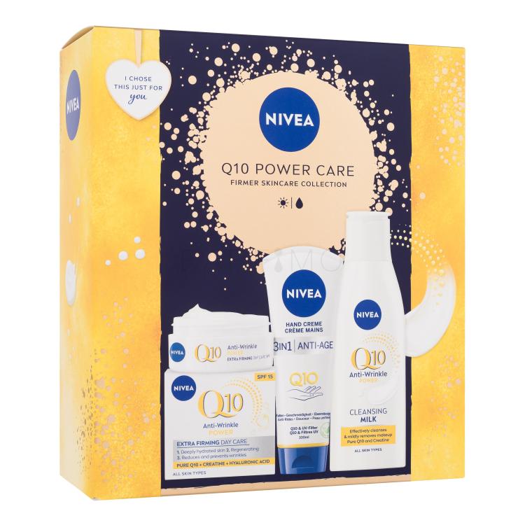 Nivea Q10 Power Care Ajándékcsomagok Q10 Anti-Wrinkle Power nappali arckrém 50 ml + Q10 Anti-Wrinkle Power arctisztító tej 200 ml + Q10 Anti-Age kézkrém 100 ml