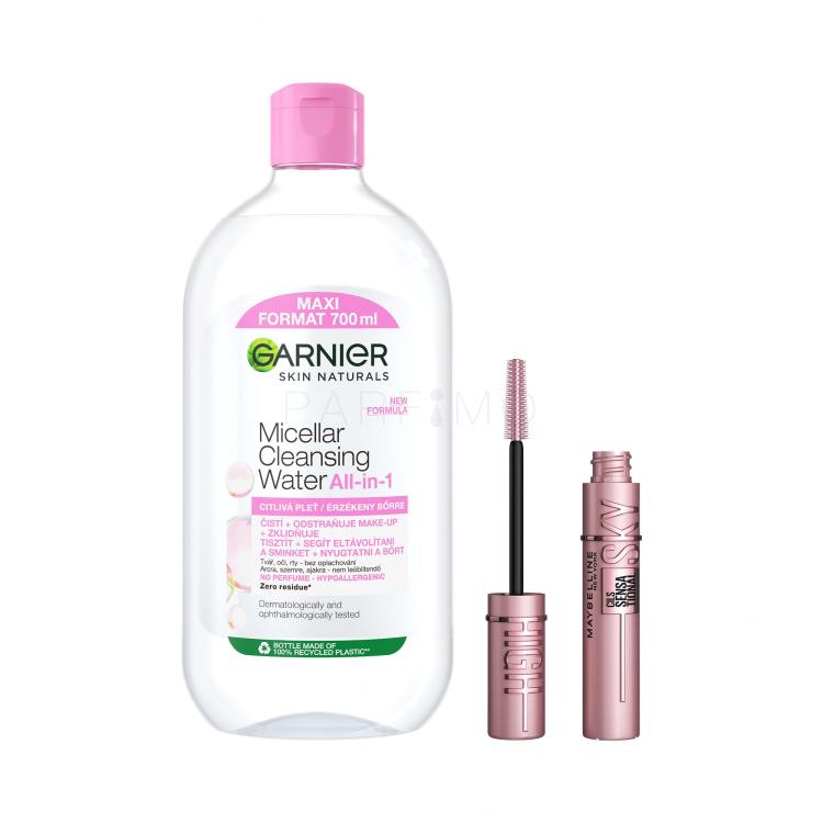 Szett Micellás víz Garnier Skin Naturals Micellar Cleansing Water All-in-1 + Szempillaspirál Maybelline Lash Sensational Sky High