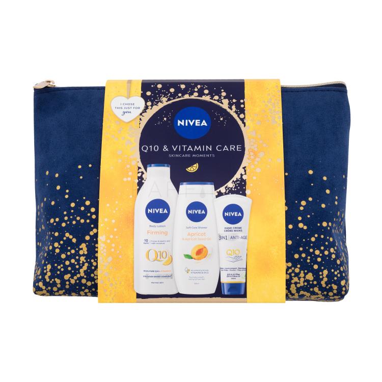 Nivea Q10 &amp; Vitamin Care Ajándékcsomagok Q10 Vitamin C Firming testápoló tej 400 ml + Apricot &amp; Apricot Seed Oil tusfürdő 250 ml + Q10 Anti-Age kézkrém 100 ml + kozmetikai táska