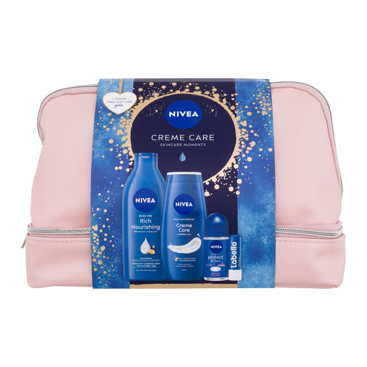 Nivea Creme Care Skincare Moments Ajándékcsomagok Rich Nourishing testápoló tej 400 ml + Creme Care tusfürdő 250 ml + Protect &amp; Care izzadásgátló 50 ml + Labello Original ajakbalzsam 4,8 g + kozmetikai táska