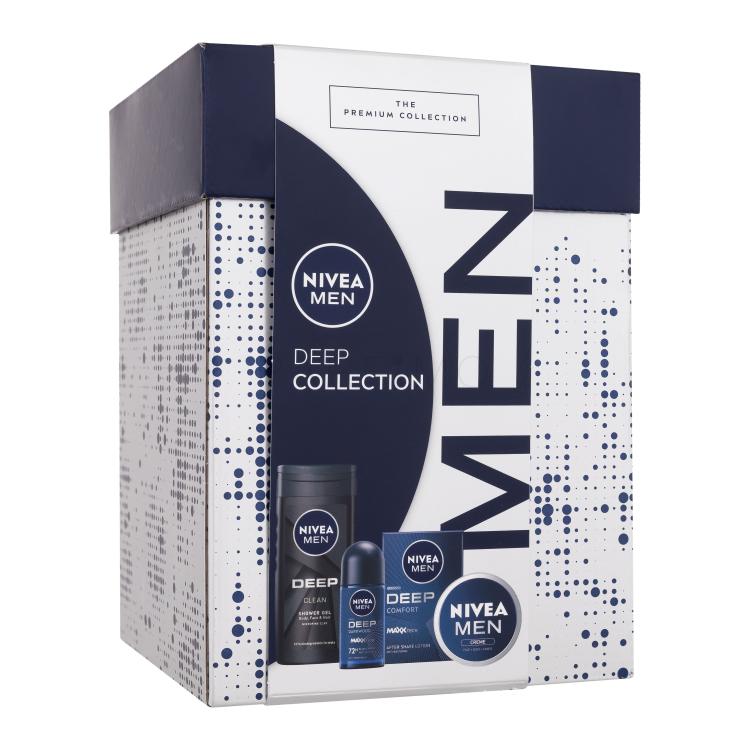 Nivea Men Deep Collection Ajándékcsomagok Men Creme krém arcra, testre és kézre 75 ml + Men Deep Comfort borotválkozás utáni arcszesz 100 ml + Men Deep Darkwood izzadásgátló 50 ml + Men Deep Clean tusfürdő 250 ml