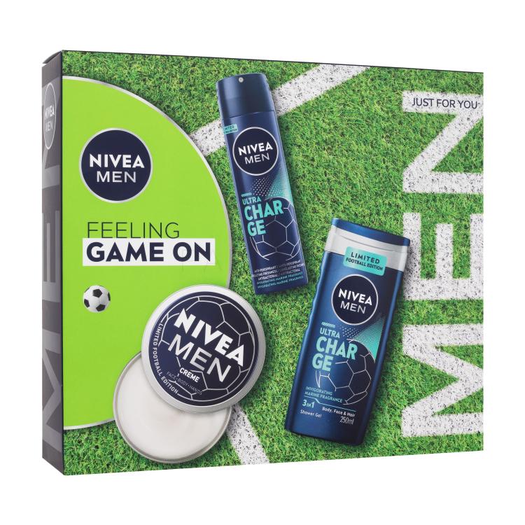 Nivea Men Feeling Game On Ajándékcsomagok Men Creme krém arcra, testre, kézre 150 ml + Men Ultra Charge izzadásgátló 150 ml + Men Ultra Charge tusfürdő 250 ml