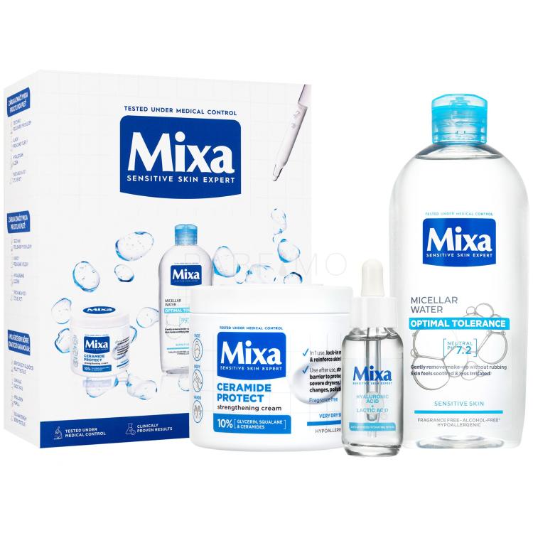 Mixa Hyaluronic Acid + Lactic Acid Anti-Dryness Hydrating Serum Ajándékcsomagok Hyaluronic Acid Lactic Acid Serum arcszérum 30 ml + Optimal Tolerance Micellar Water micellás víz 400 ml + Ceramide Protect Strengthening Cream testápoló krém 400 ml