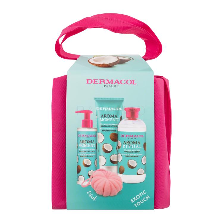 Dermacol Aroma Moment Brazilian Coconut Ajándékcsomagok Brazilian Coconut tusfürdő 250 ml + Brazilian Coconut fürdőhab 500 ml + Brazilian Coconut folyékony szappan 250 ml + fürdőszivacs + táska