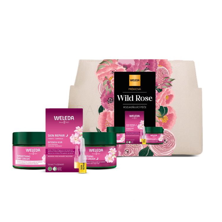 Weleda Wild Rose &amp; White Tea Premium Brightening Care Ajándékcsomagok Wild Rose &amp; White Tea Smoothing Day Cream nappali arckrém 40 ml + Wild Rose &amp; White Tea Smoothing Night Cream éjszakai arckrém 40 ml + Wild Rose Skin Repair 7 Nights Intensive Treatment éjszakai arckúra 5,6 ml + kozmetikai táska