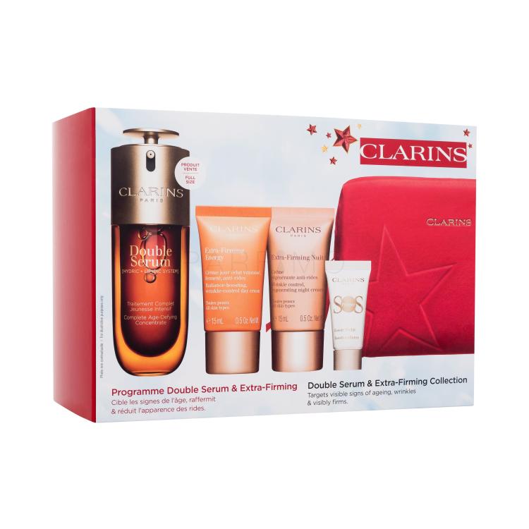 Clarins Double Serum &amp; Extra-Firming Collection Ajándékcsomagok Double Serum arcszérum 50 ml + Extra-Firming Energy nappali arckrém 15 ml + Extra-Firming Nuit éjszakai arckrém 15 ml + SOS Primer primer 5 ml + piros kozmetikai táska