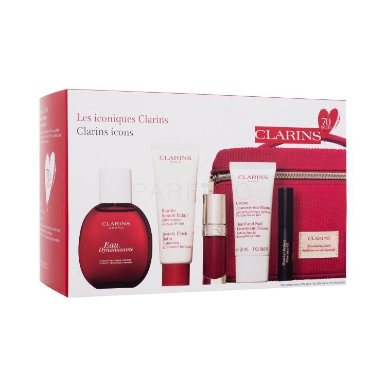 Clarins Aroma Eau Dynamisante Ajándékcsomagok eau de soin 50 ml + Beauty Flash Balm arckrém 50 ml + Lip Comfort Oil ajakolaj 7 ml 03 Cherry + Hand And Nail Treatment Cream ajakolaj 30 ml + Wonder Perfect Mascara 4D szempillaspirál 3 ml 01 Perfect Black + piros kozmetikai táska