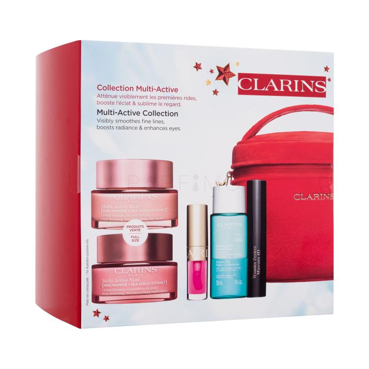 Clarins Multi-Active Collection Ajándékcsomagok Multi-Active Jour nappali arckrém 50 ml + Multi-Active Nuit éjszakai arckrém 50 ml + Lip Comfort Oil ajakolaj 1,4 ml 04 Pitaya + Instant Eye Make-Up Remover sminklemosó szemre 30 ml + Wonder Perfect Mascara 4D szempillaspirál 3 ml 01 Perfect Black + Do