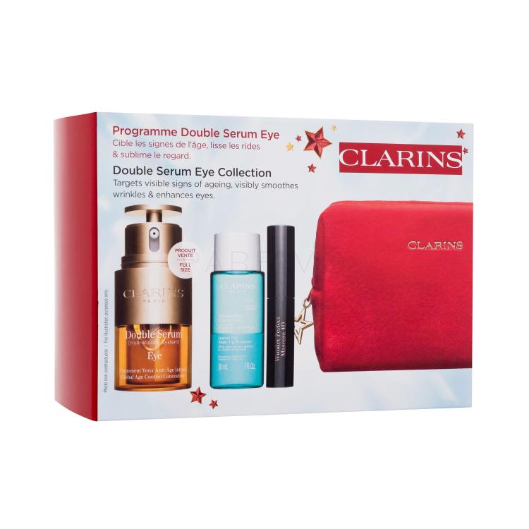 Clarins Double Serum Eye Collection Ajándékcsomagok Double Serum Eye szemszérum 20 ml + Instant Eye Make-Up Remover sminklemosó szemre 30 ml + Wonder Perfect Mascara 4D szempillaspirál 3 ml 01 Perfect Black + piros kozmetikai táska