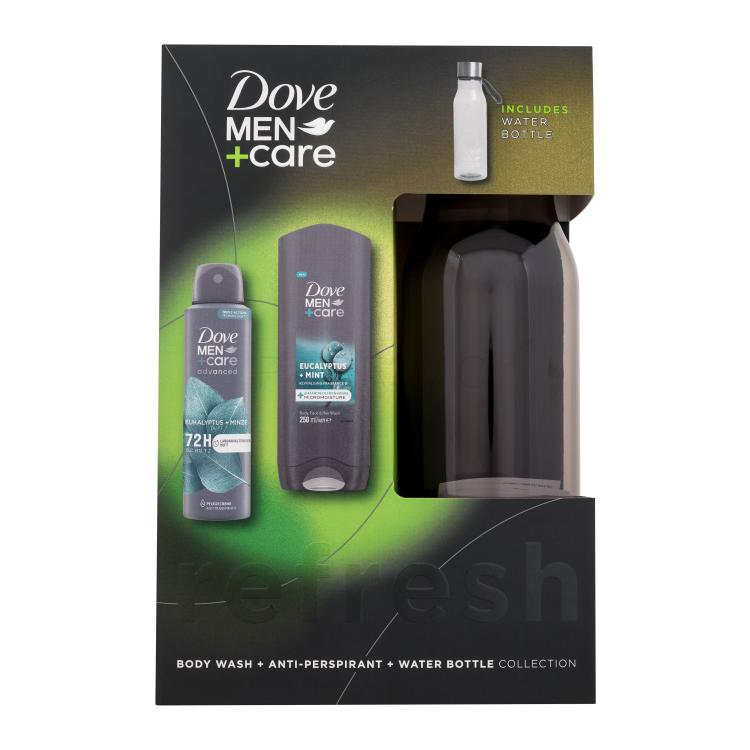 Dove Men + Care Eucalyptus + Mint Ajándékcsomagok Men Care Eukalyptus Mint tusfürdő 250 ml + Men Care Eukalyptus Mint 72H izzadásgátló 150 ml + műanyag vizes palack