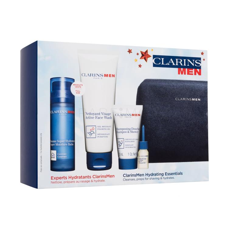 Clarins Men Hydrating Essentials Ajándékcsomagok Super Moisture Balm arcbalzsam 50 ml + Active Face Wash arclemosó gél 125 ml + Shampoo &amp; Shower tusfürdő 30 ml + Shave &amp; Beard Oil borotva- és szakállolaj 3 ml+ kozmetikai táska