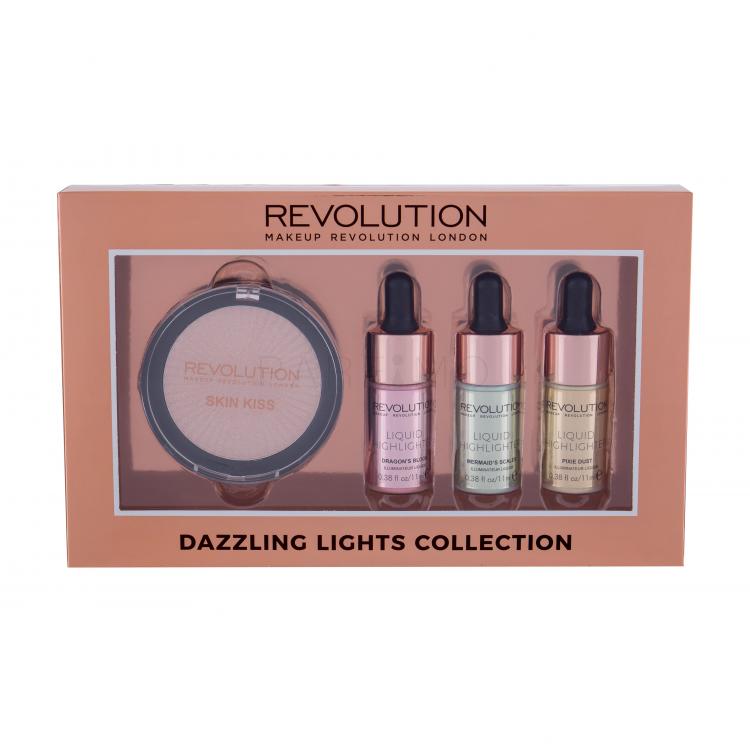 Makeup Revolution London Skin Kiss Ajándékcsomagok highlighter púder 6,5 g + Dragon´s Blood folyékony highlighter 11 ml + folyékony highlighter Mermaid´s Scales 11 ml + Pixie Dust folyékony highlighter 11 ml